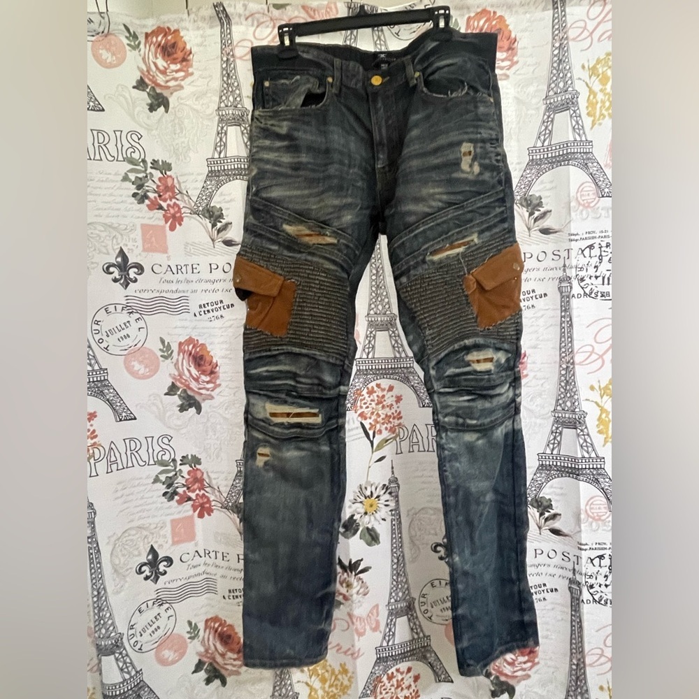 Men's Blue and Brown Skinny Jeans